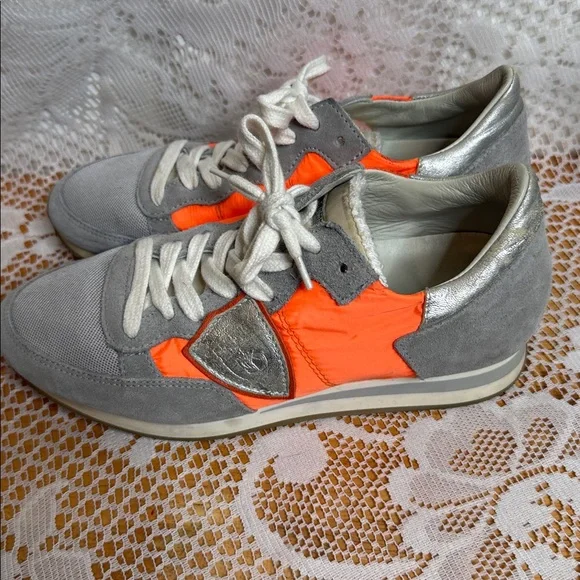Philippe Model Women's suede Vibrant Orange and Gray Sneakers shoes sz 5.5 - Picture 5 of 8